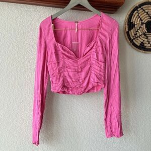 NWOT Free People Pink Cropped Top Long Sleeve Ruched Feminine Boho Retro Chic